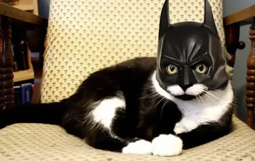 A tuxedo cat with a batman mask