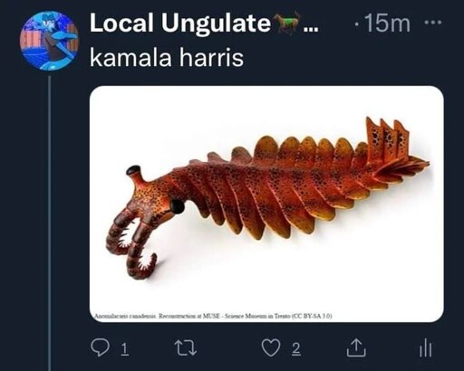 "Kamala Harris" next to a photo of the extinct sea creature "Anomalocaris"