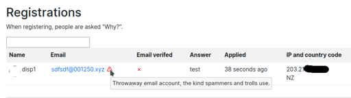 a table showing registration approval requests with a red warning icon on one of them